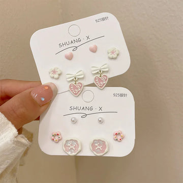 DAIIIBABYYY  -  Charm Pink Heart Flower Bow Round Shape Stud Earrings Set Korean Fashion Women Girls Kpop Y2K Earring Jewelry brincos